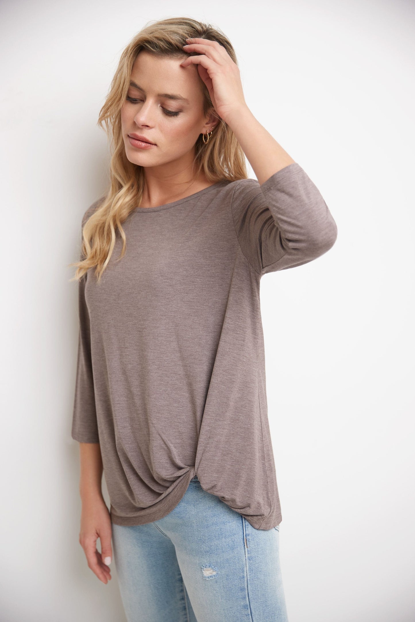 Super Soft Knit Top with Knot Detail and 3/4 Sleeves