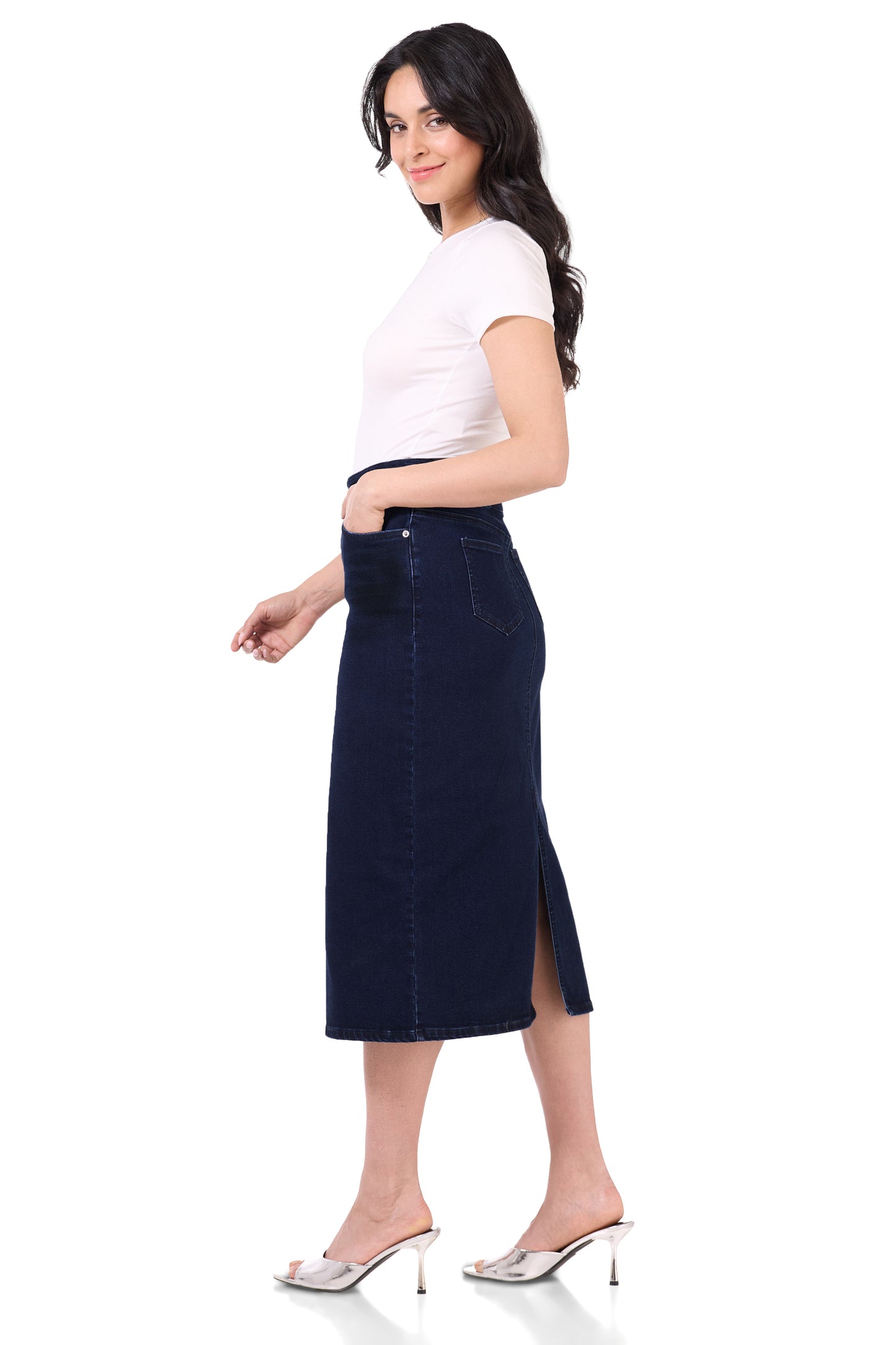Secret Figure Pull-On Denim Midi Skirt