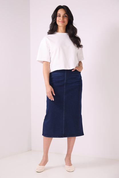 Secret Figure Pull-On Denim Midi Skirt