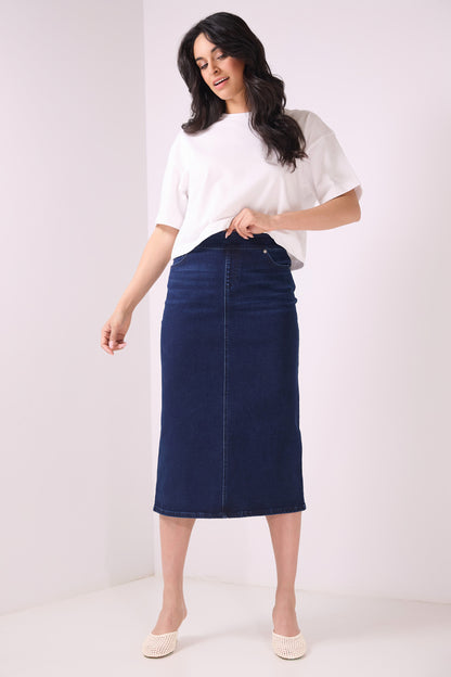 Secret Figure Pull-On Denim Midi Skirt