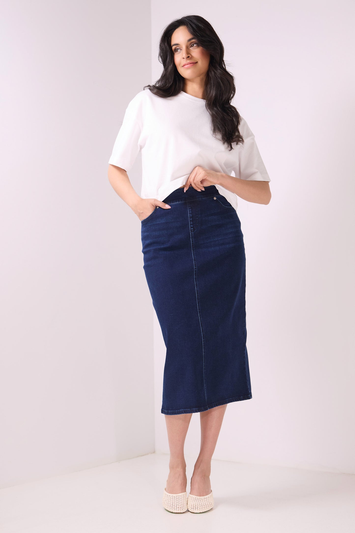 Secret Figure Pull-On Denim Midi Skirt