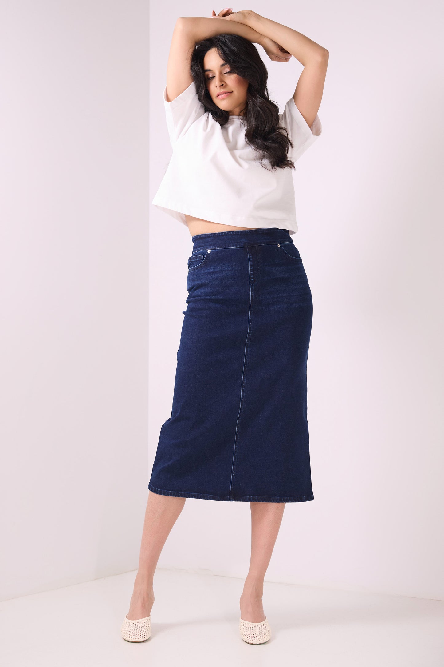 Secret Figure Pull-On Denim Midi Skirt