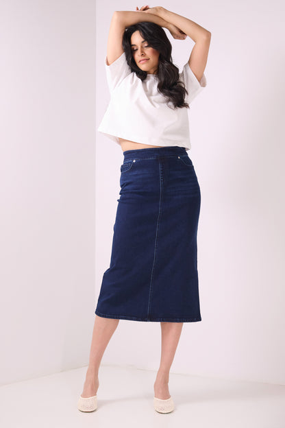 Secret Figure Pull-On Denim Midi Skirt