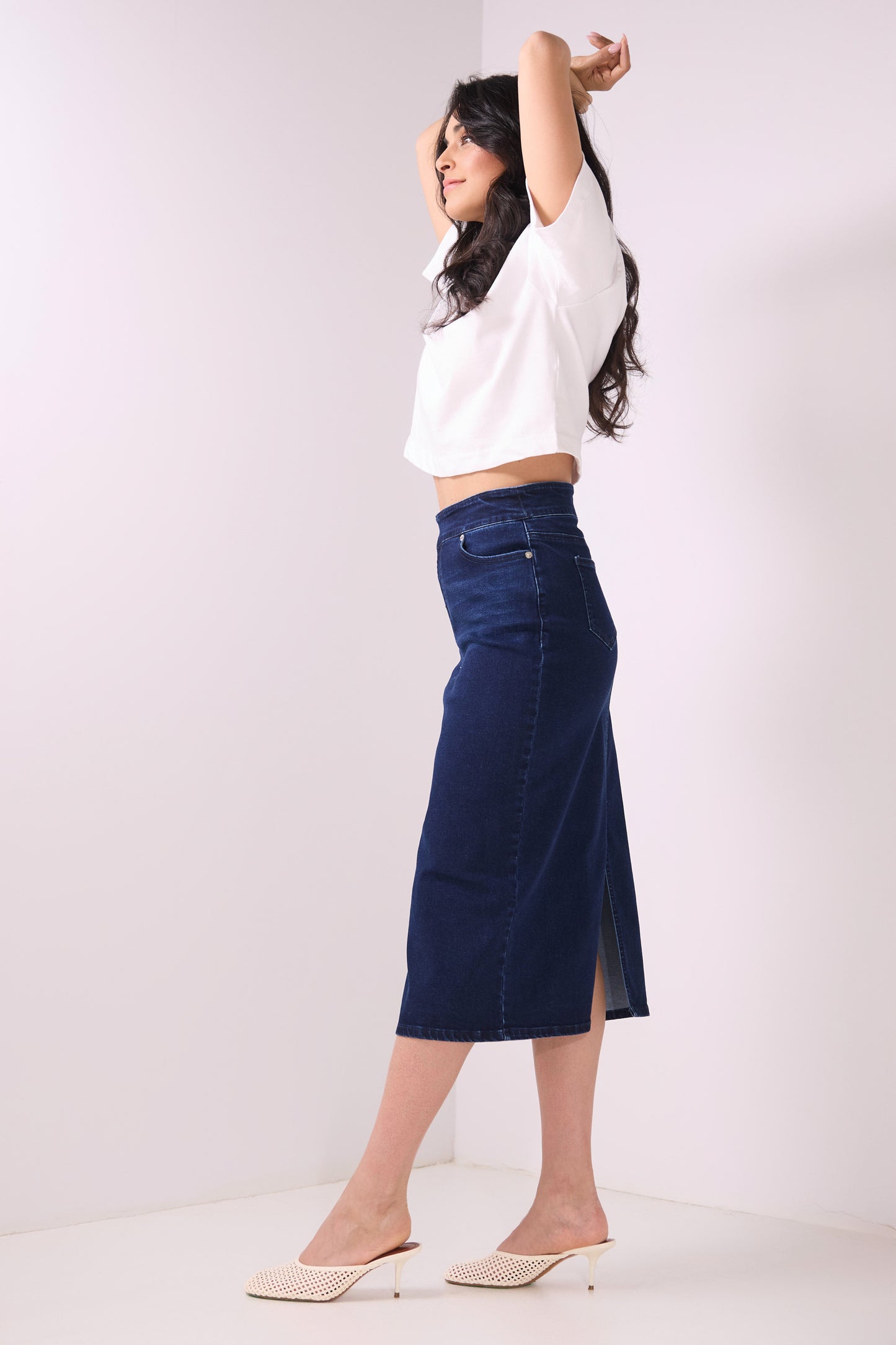Secret Figure Pull-On Denim Midi Skirt