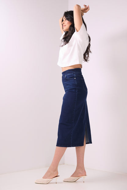 Secret Figure Pull-On Denim Midi Skirt