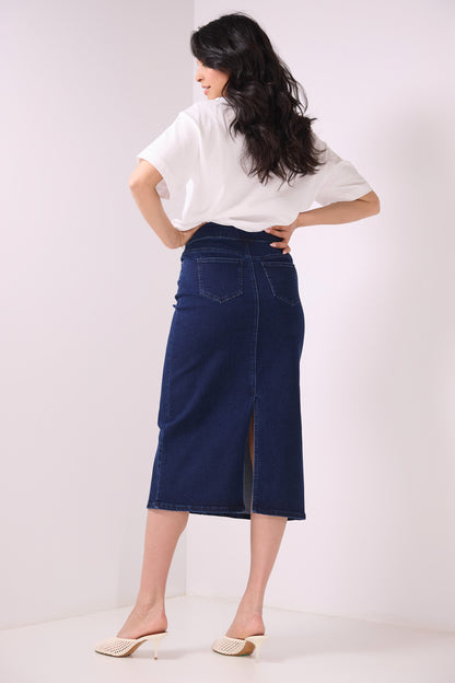Secret Figure Pull-On Denim Midi Skirt
