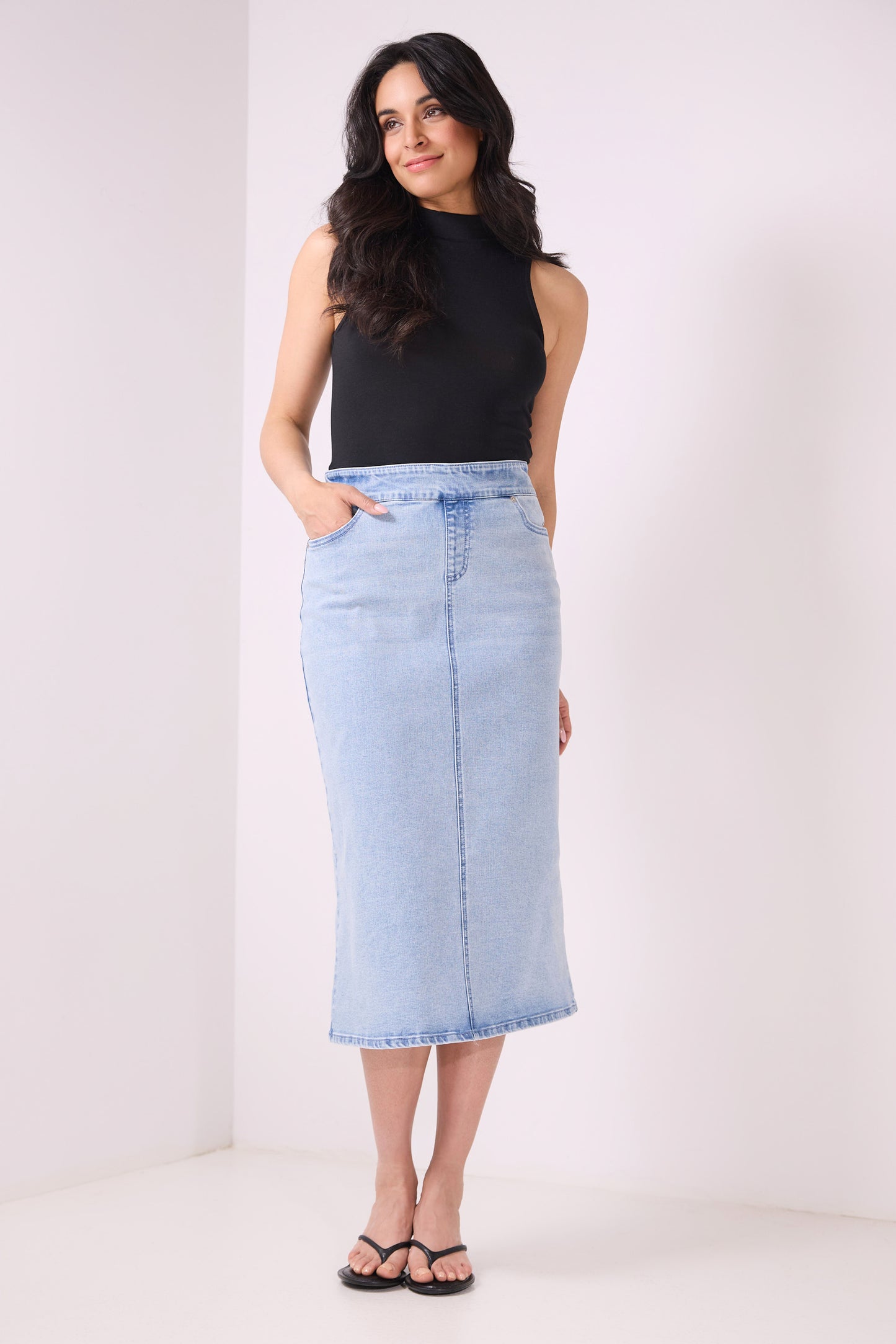 Secret Figure Pull-On Denim Midi Skirt