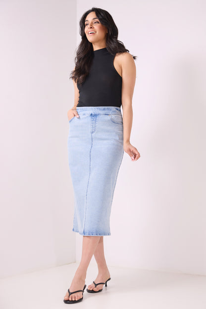Secret Figure Pull-On Denim Midi Skirt