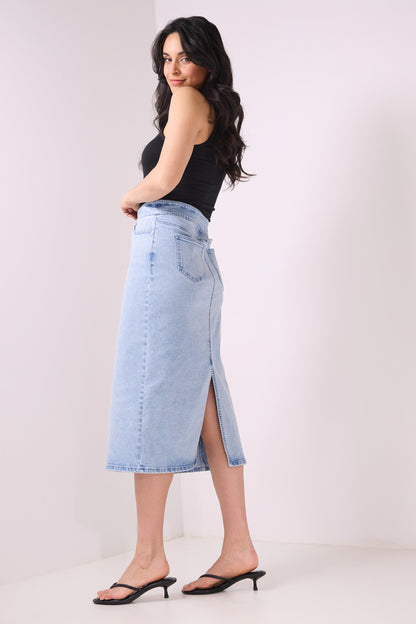 Secret Figure Pull-On Denim Midi Skirt