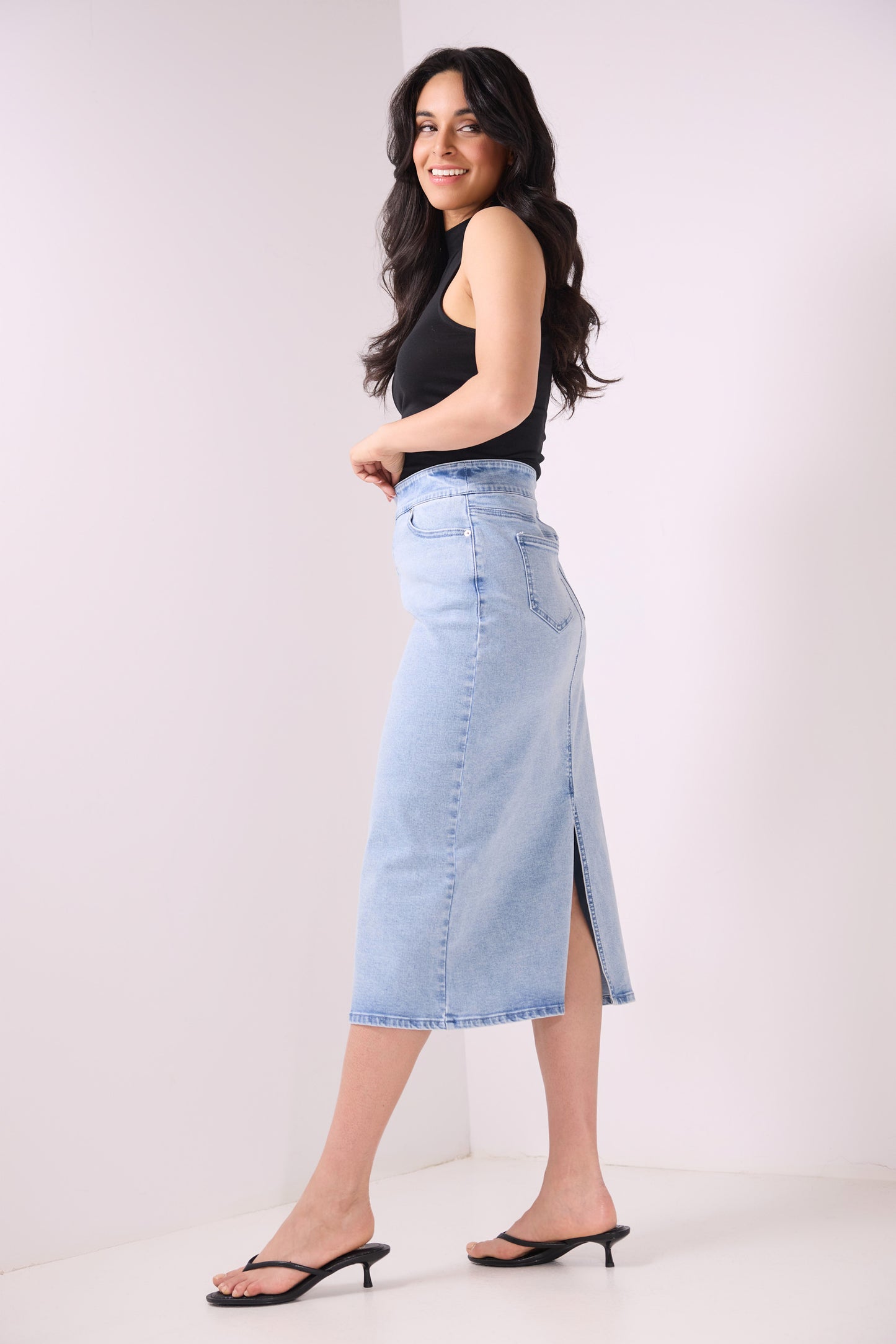 Secret Figure Pull-On Denim Midi Skirt