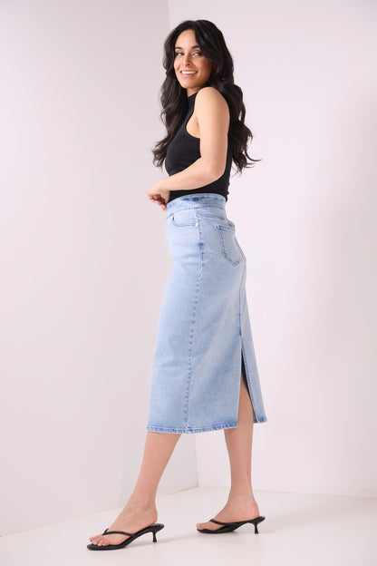 Secret Figure Pull-On Denim Midi Skirt