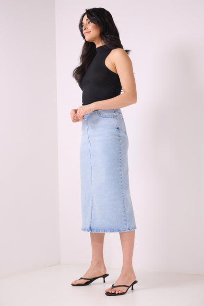 Secret Figure Pull-On Denim Midi Skirt
