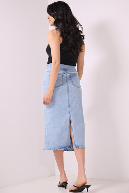 Secret Figure Pull-On Denim Midi Skirt