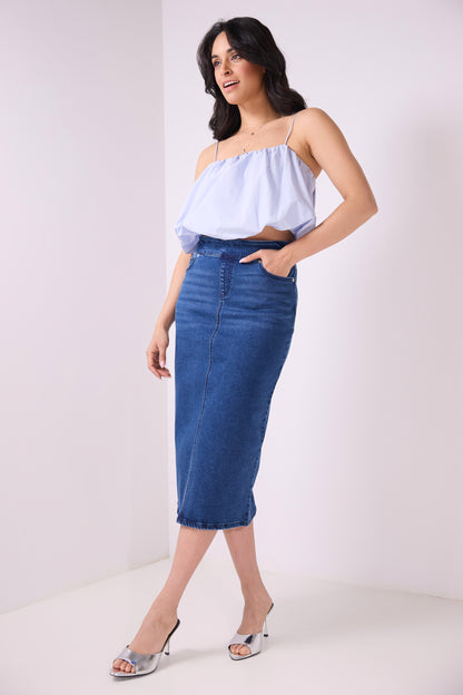 Secret Figure Pull-On Denim Midi Skirt
