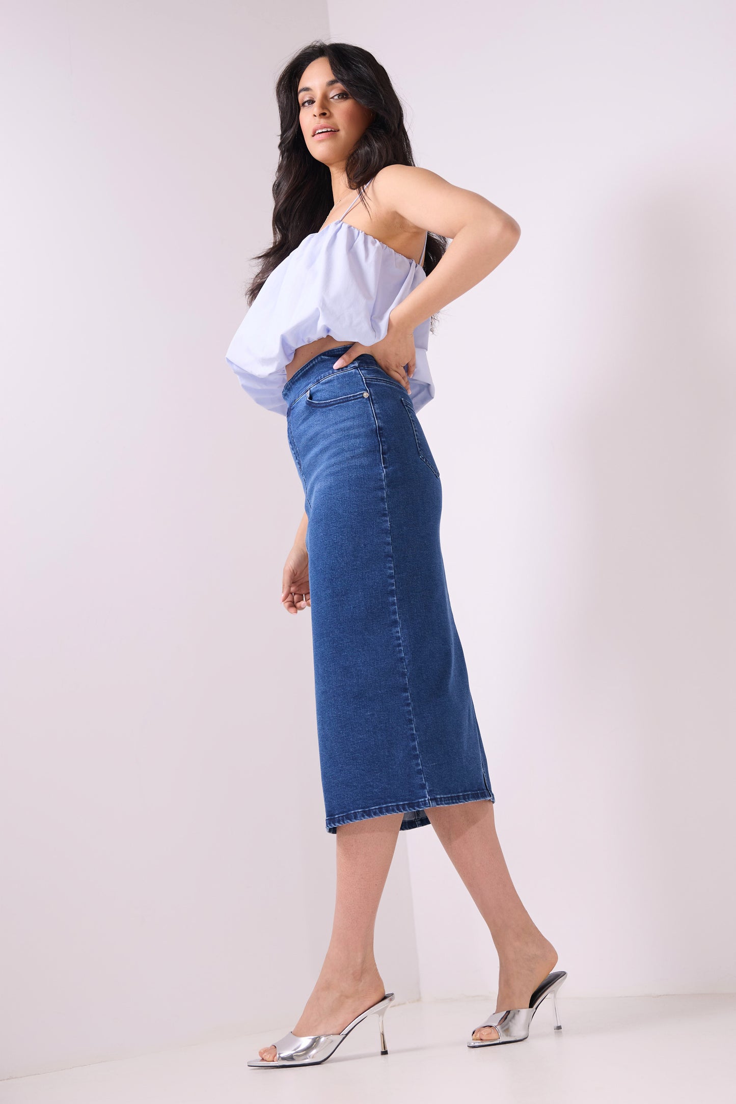 Secret Figure Pull-On Denim Midi Skirt