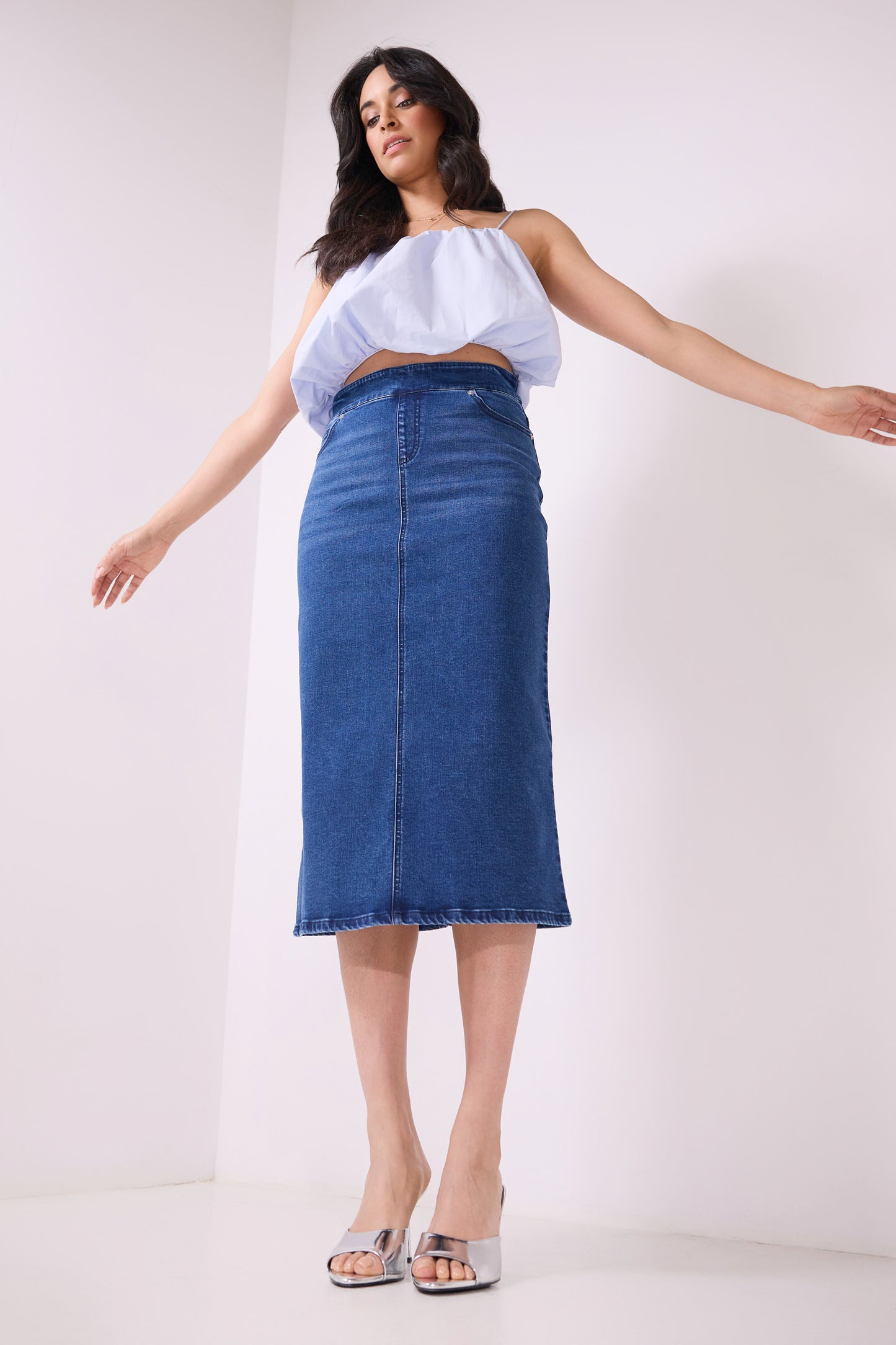 Secret Figure Pull-On Denim Midi Skirt
