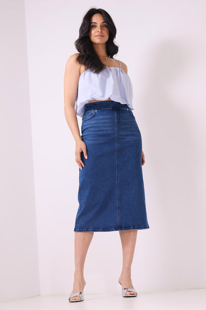 Secret Figure Pull-On Denim Midi Skirt