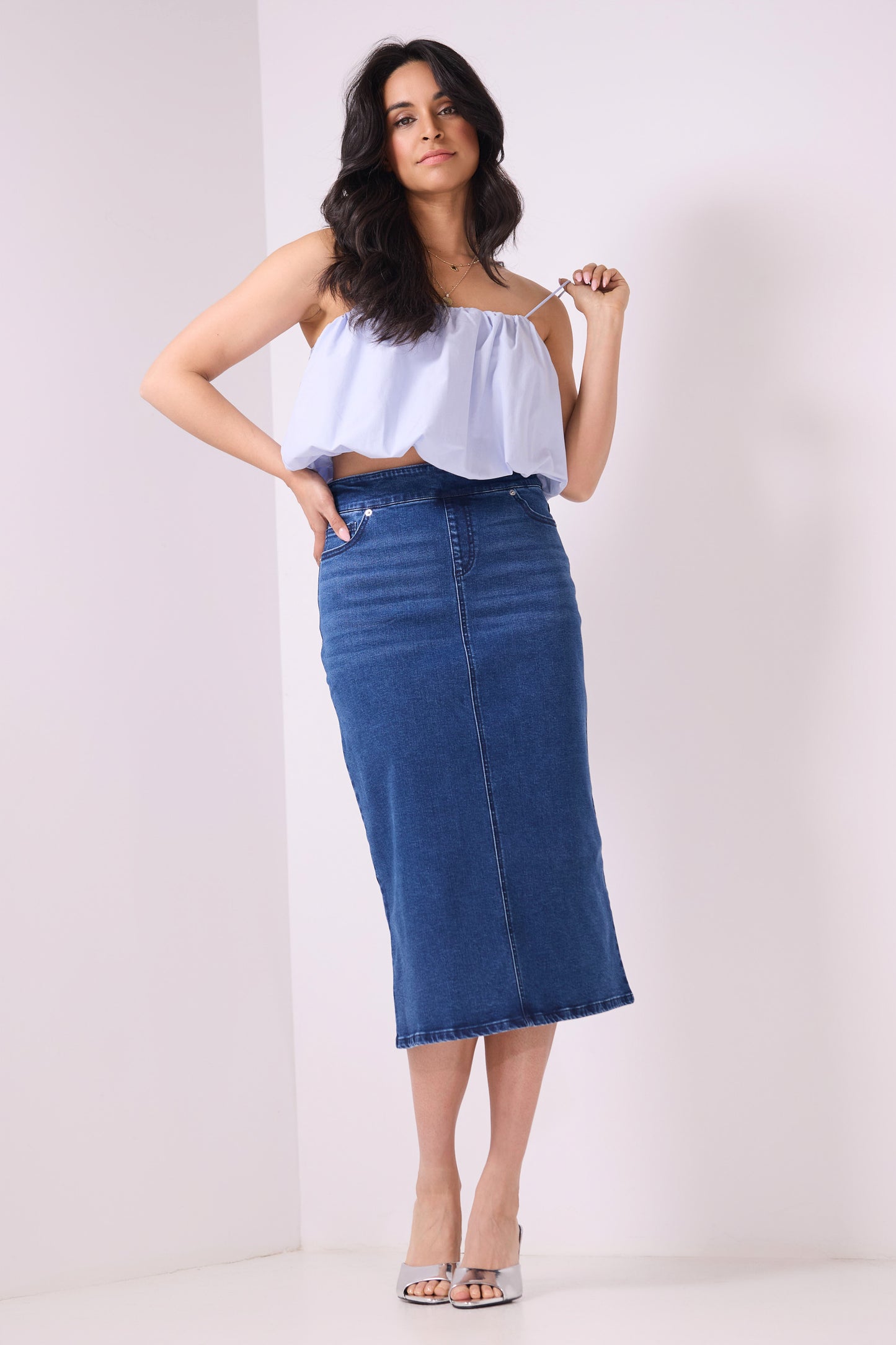 Secret Figure Pull-On Denim Midi Skirt