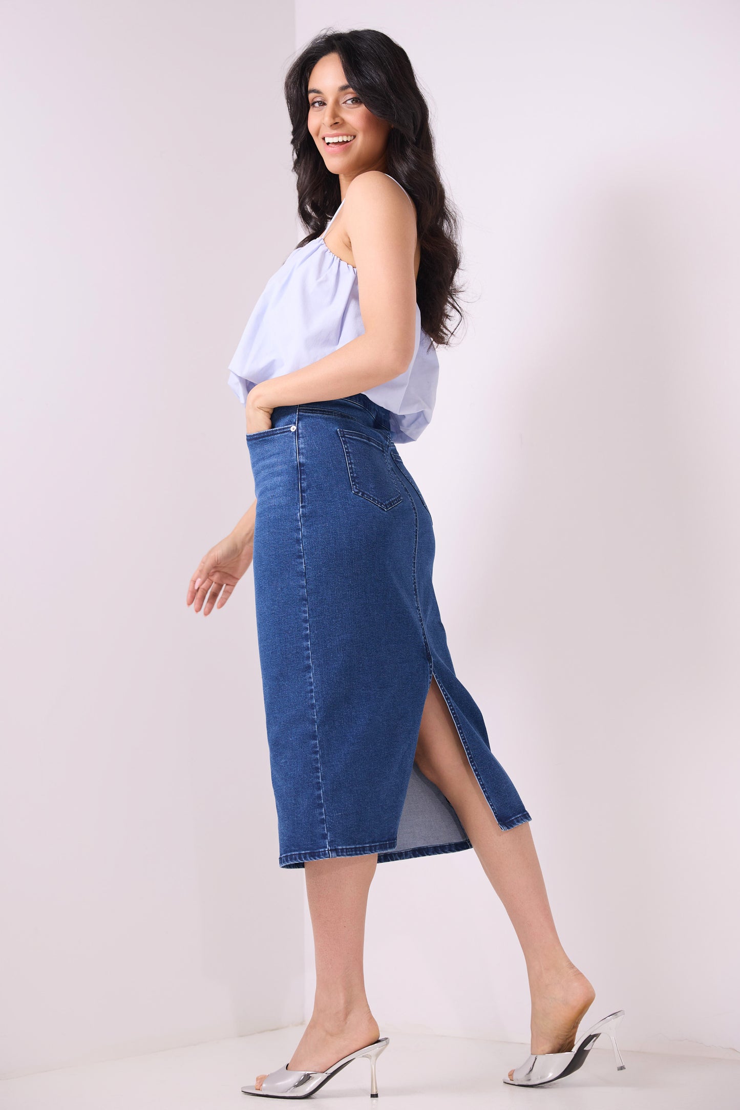 Secret Figure Pull-On Denim Midi Skirt