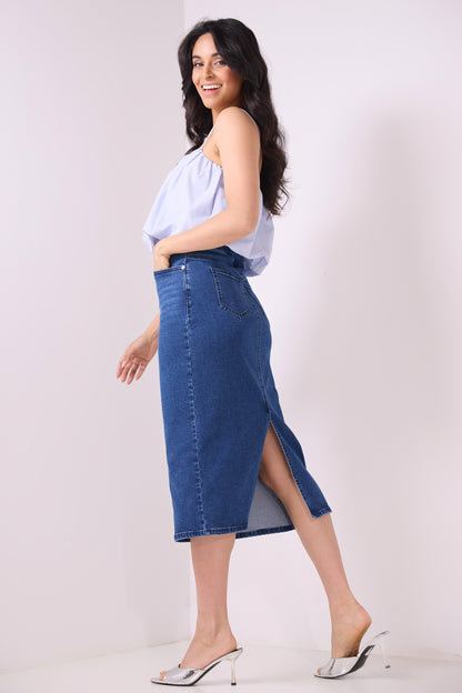 Secret Figure Pull-On Denim Midi Skirt