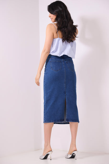 Secret Figure Pull-On Denim Midi Skirt
