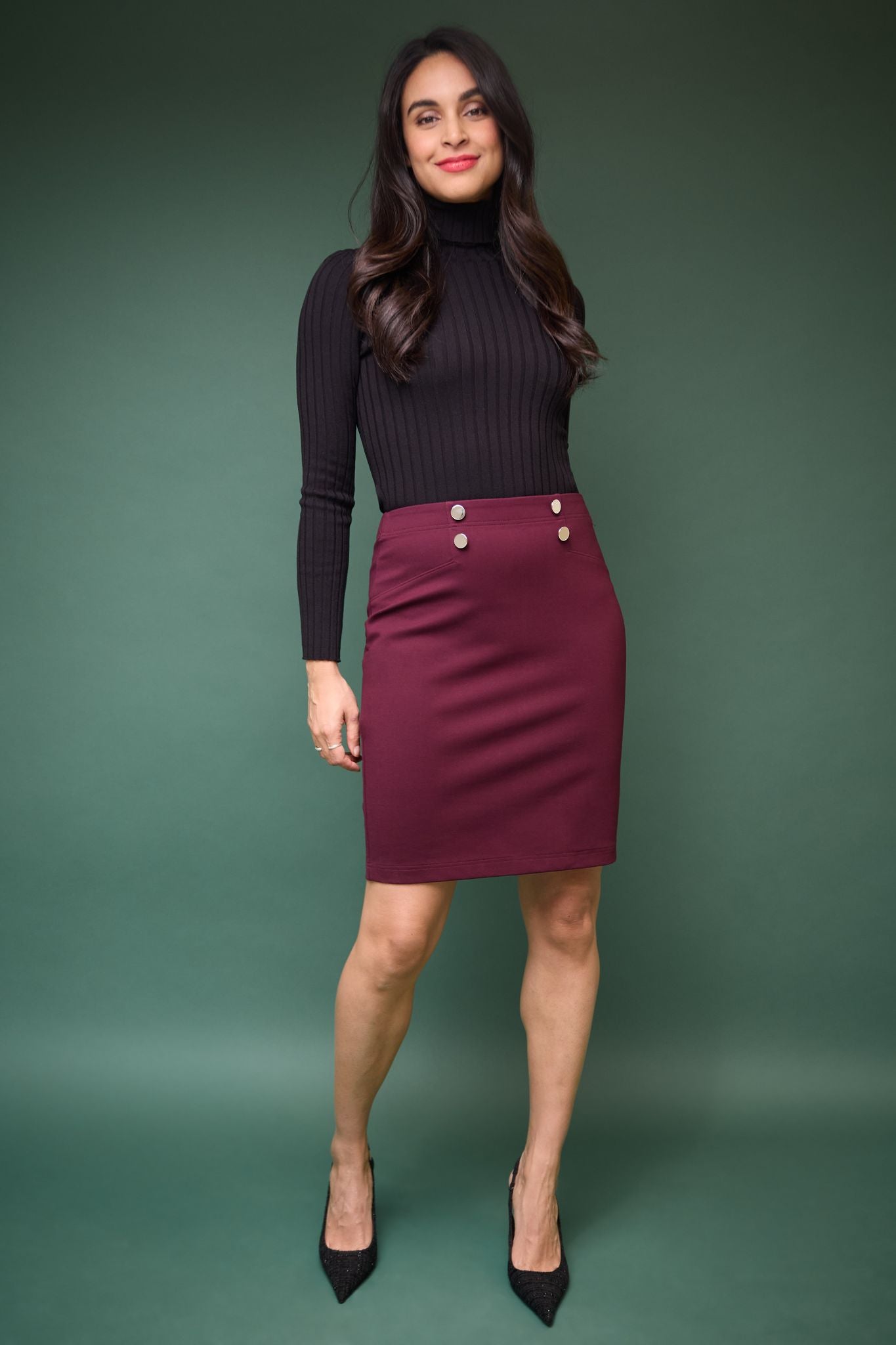 Rekucci Women's Pull-On Knit Pencil Skirt with Button Detail