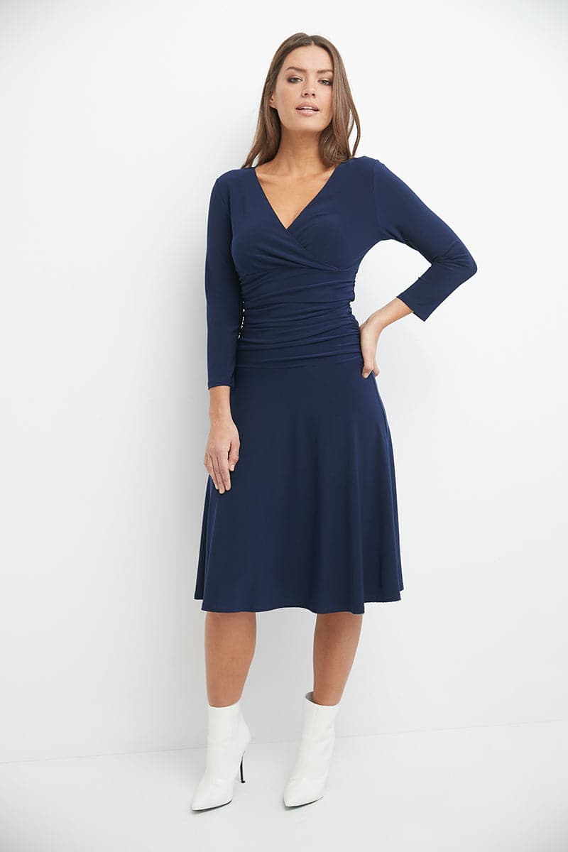 Form-fitting 3/4 Sleeve Dress with Ruching