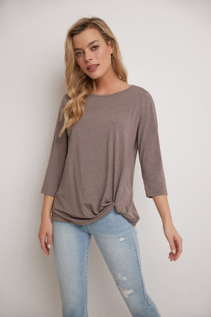 Super Soft Knit Top with Knot Detail and 3/4 Sleeves