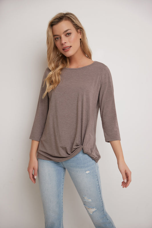 Super Soft Knit Top with Knot Detail and 3/4 Sleeves