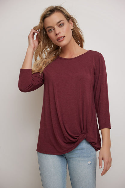 Super Soft Knit Top with Knot Detail and 3/4 Sleeves