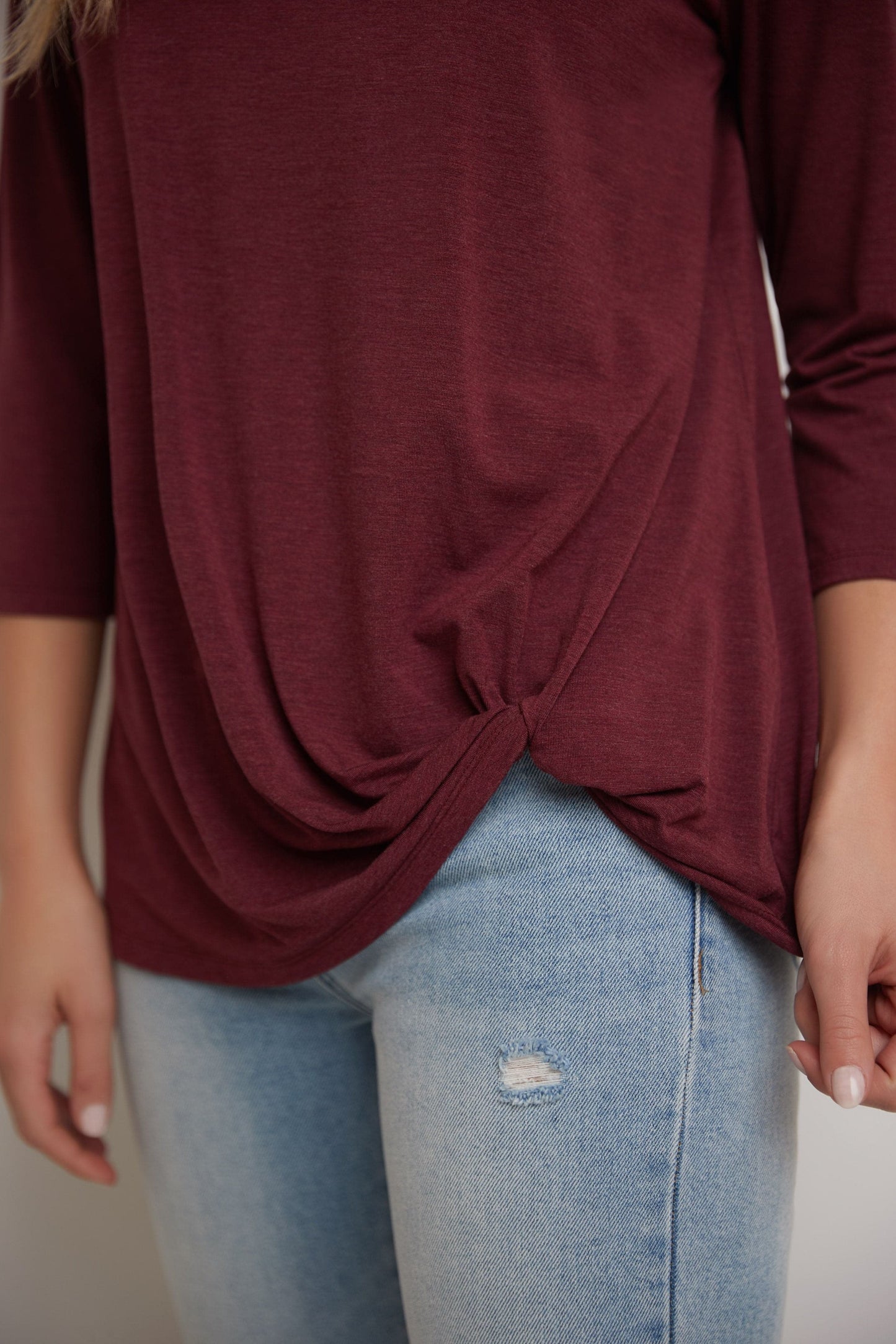 Super Soft Knit Top with Knot Detail and 3/4 Sleeves