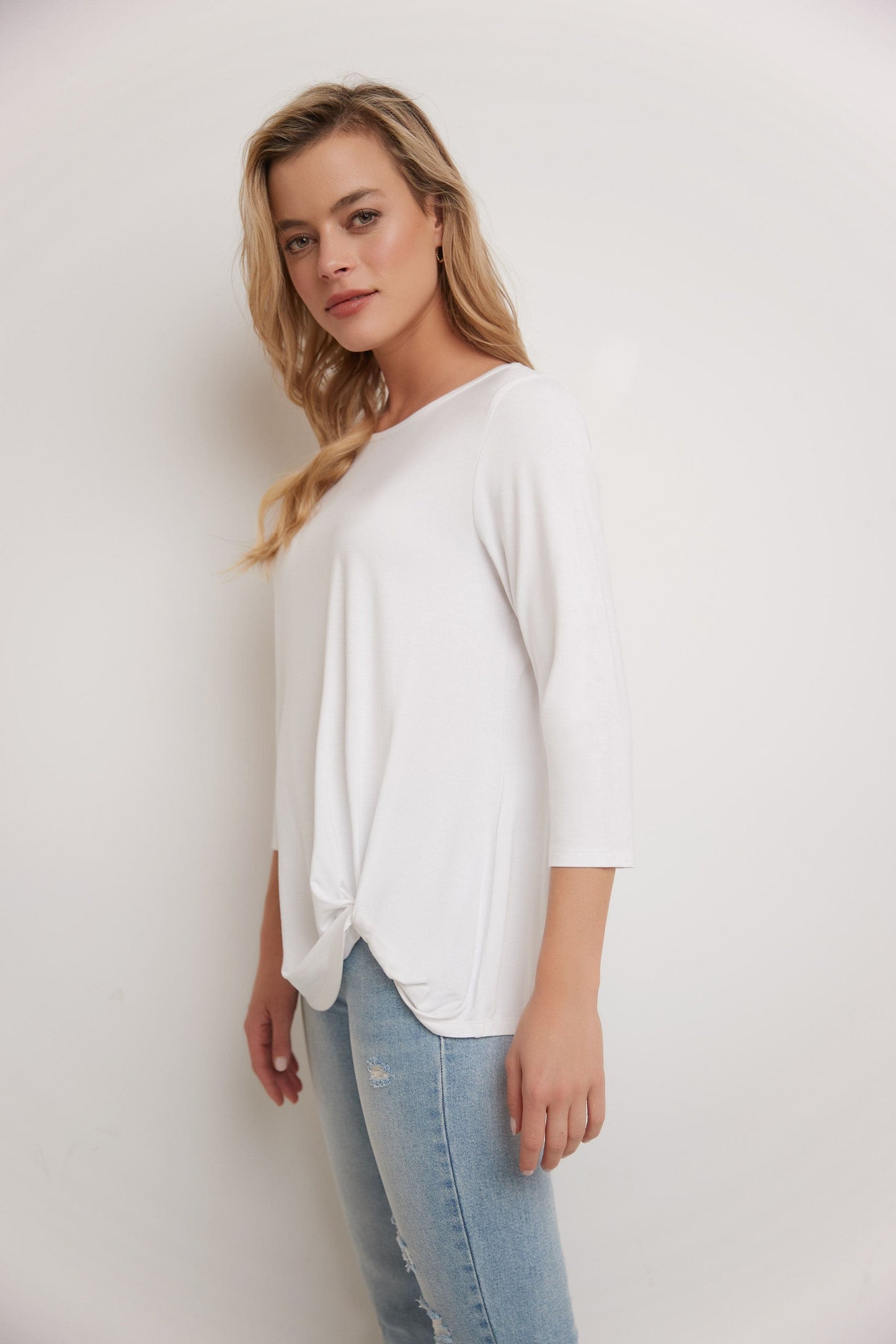 Super Soft Knit Top with Knot Detail and 3/4 Sleeves